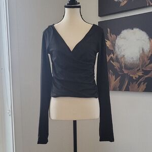 3/$30 Black V-Neck Ruched Long-Sleeve Top